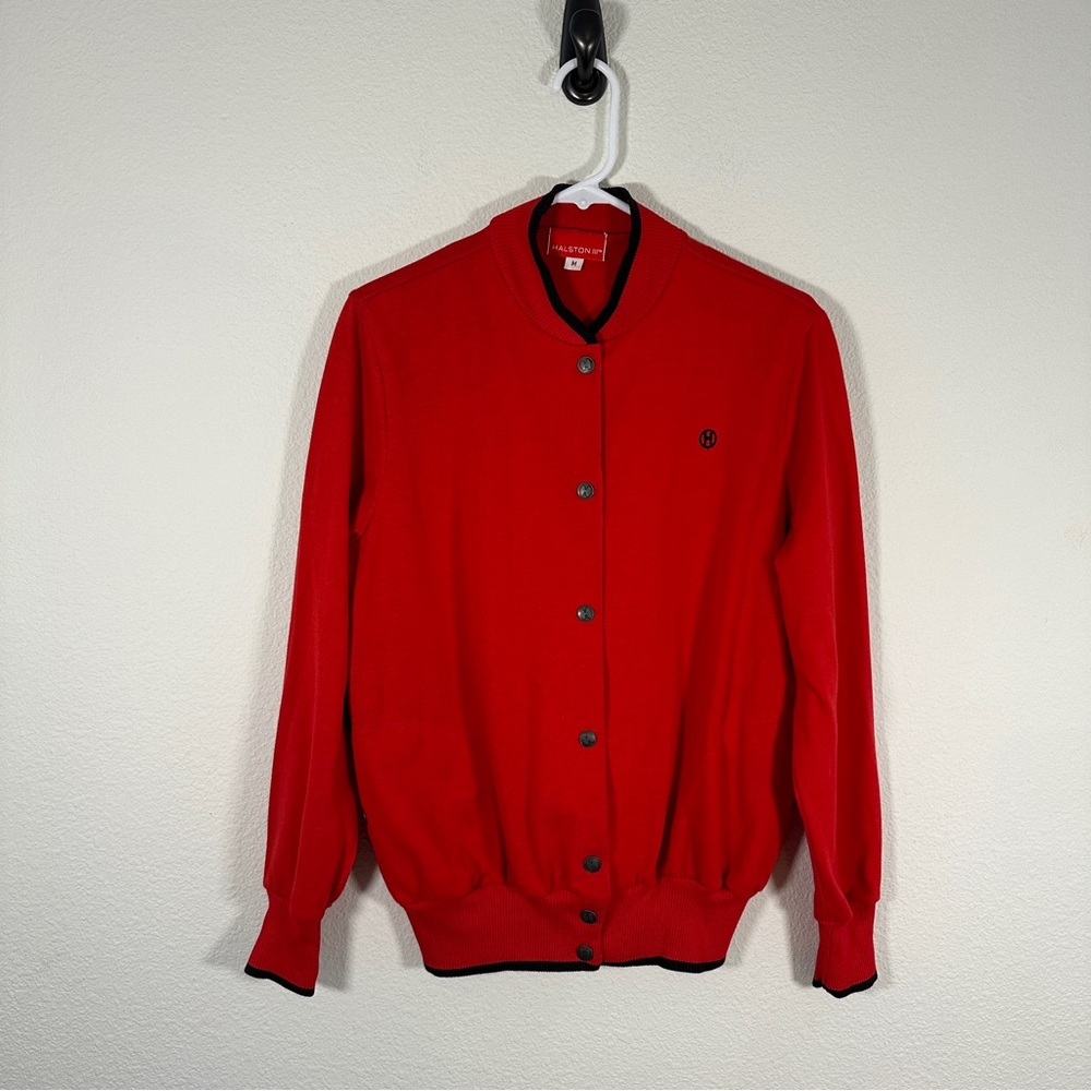 Vintage Halston III Red‎ Knit Bomber Jacket Cardigan - Men's Medium - 80s Retro